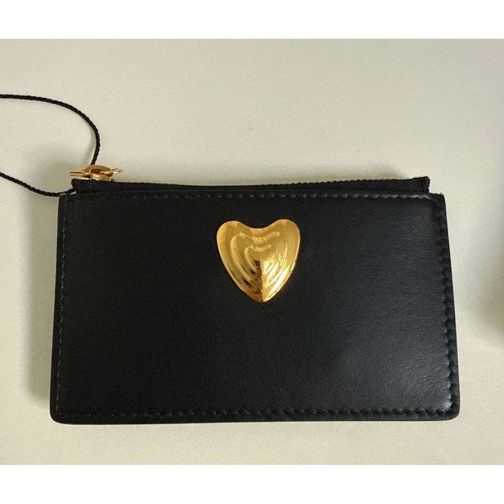 ESCADA Black Leather Gold Heart Zip Card Holder‎ Pouch Wallet
